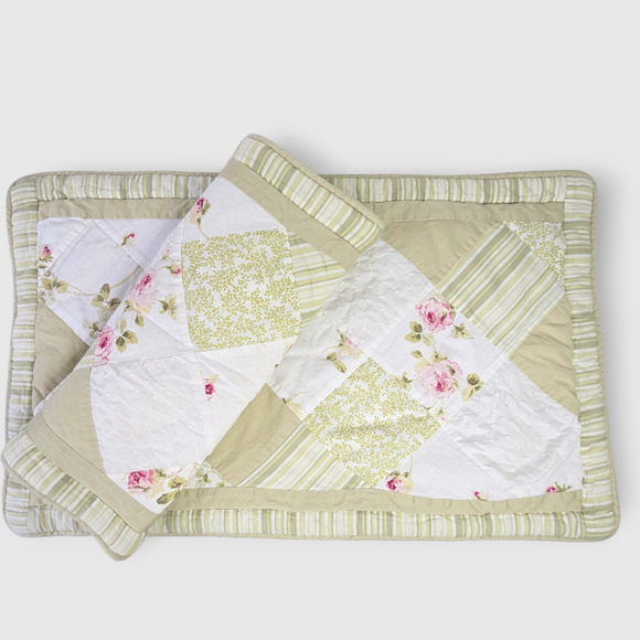 2 Croscill Cecilia King Shams Roses and Eyelet Lace Cottage Patchwork 86"x18" - Picture 2 of 8